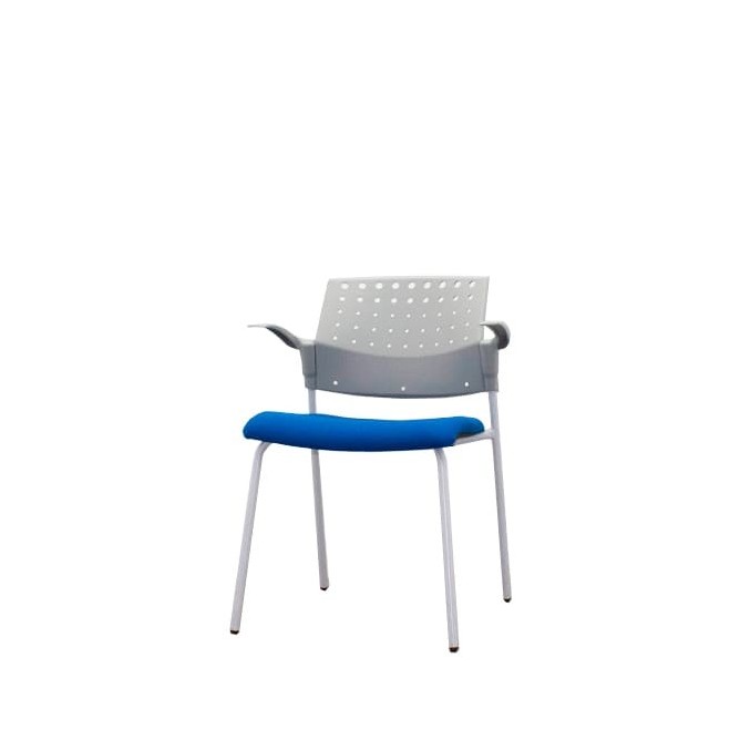 Silla confidente azul y gris con 4 patas y brazos