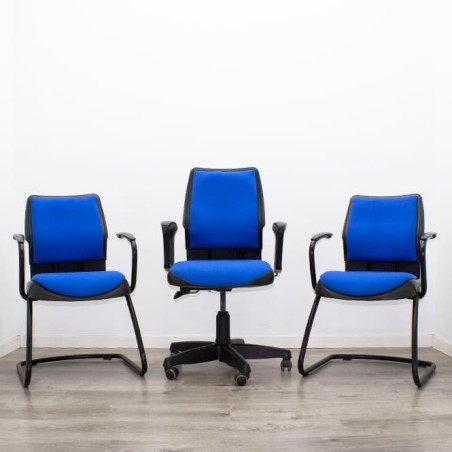 Conjunto silla operativa y 2 sillas confidentes en azul y negra