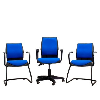 Conjunto silla operativa y 2 sillas confidentes en azul y negra
