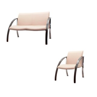 Conjunto sofá 2 plazas y sillón de una plaza en beige y madera/cromado