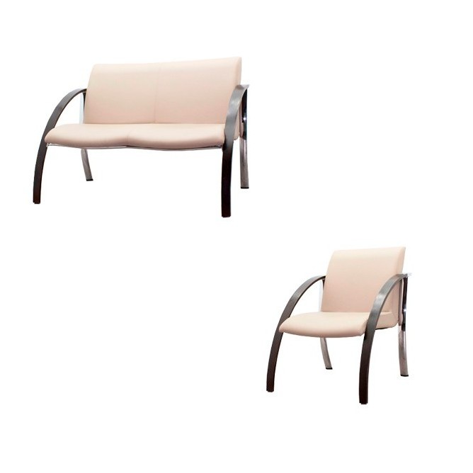 Conjunto sofá 2 plazas y sillón de una plaza en beige y madera/cromado
