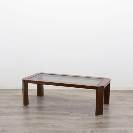 Mesa de centro baja melamina nogal y cristal de 120cm