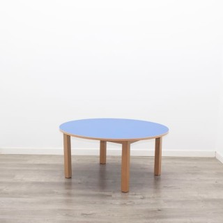 Mesa escolar azul redonda con pata de madera 2