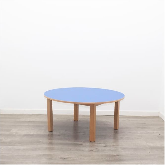 Mesa escolar azul redonda con pata de madera