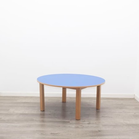 Mesa escolar azul redonda con pata de madera
