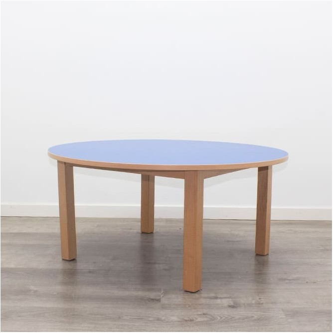 Mesa escolar azul redonda con pata de madera