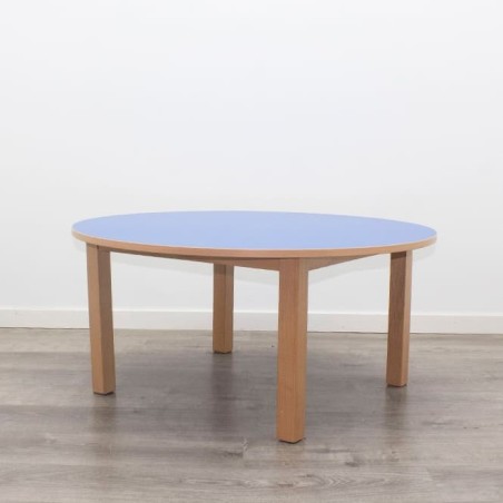 Mesa escolar azul redonda con pata de madera