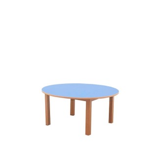 Mesa escolar azul redonda con pata de madera