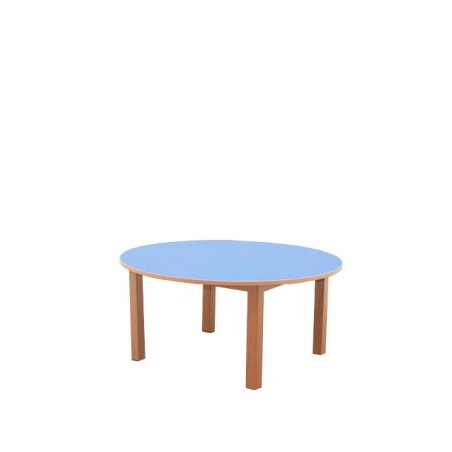 Mesa escolar azul redonda con pata de madera