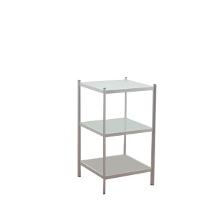 Mesa de rincón con estructura metálica gris y tapas de cristal