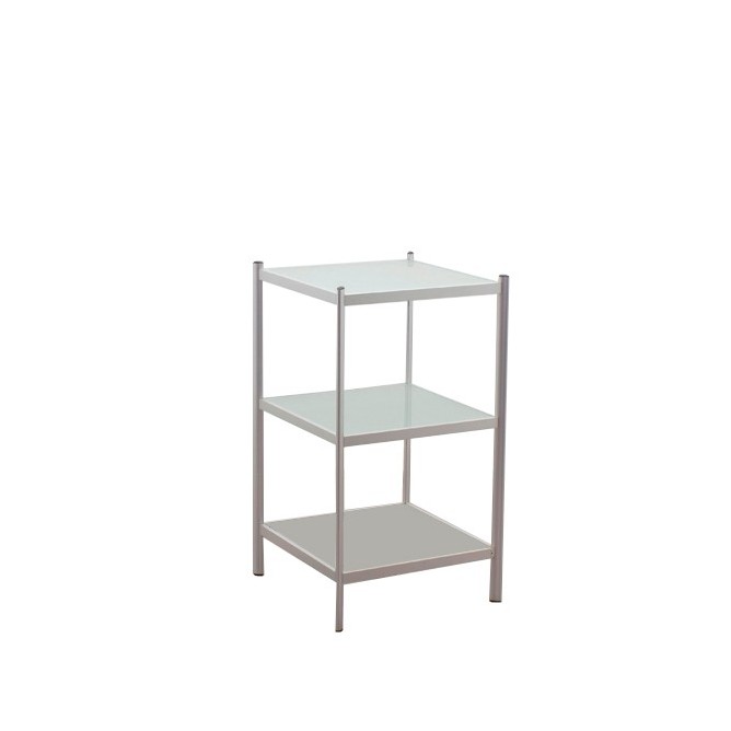 Mesa de rincón con estructura metálica gris y tapas de cristal