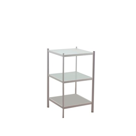 Mesa de rincón con estructura metálica gris y tapas de cristal