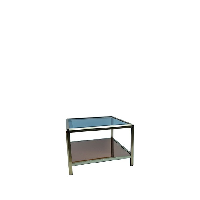 Mesa de rincón baja metálica dorada y cristal