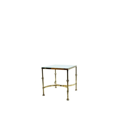 Mesa de rincón metálica dorada y cristal blanco