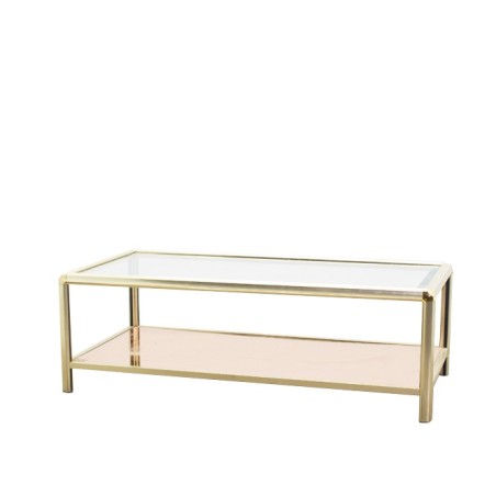 Mesa de centro metálica dorada y cristal transparente y revistero