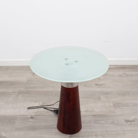 Mesa de rincón redonda con peana de madera y luz