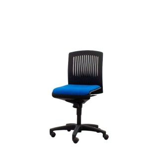 Silla operativa azul y respaldo negro sin brazos