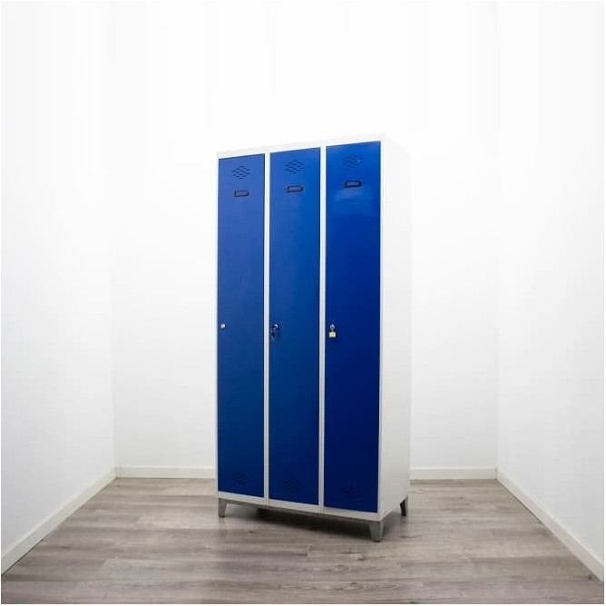 Taquilla metálica de 3 puertas gris y azul de 90cm