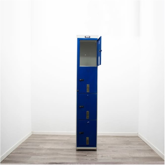 Taquilla metálica 1 cuerpo con 4 puertas en gris y azul de 37cm
