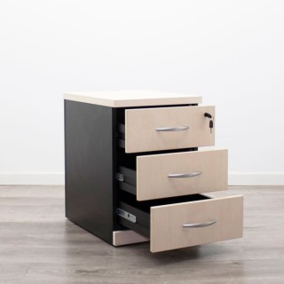 Cajonera 3 cajones en maple y negro con llave y ruedas 2