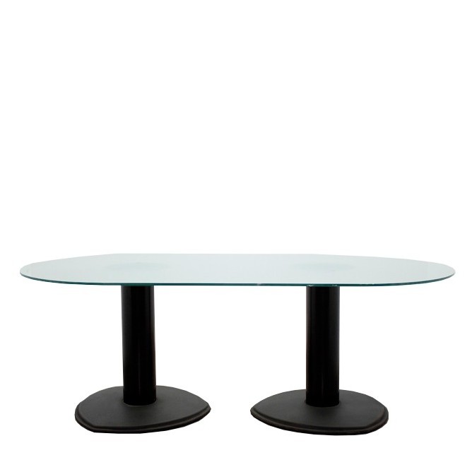 Mesa de juntas ovalada de cristal y peanas metálicas de 200cm