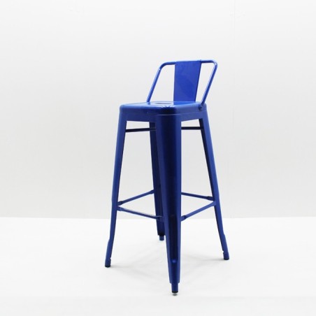 Taburete azul con respaldo metálico