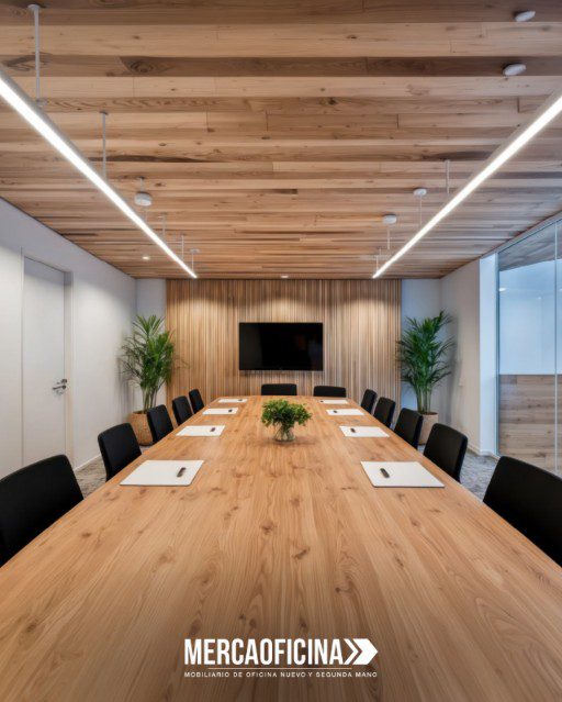 Sala de reuniones moderna con mesa de madera y sillas de oficina