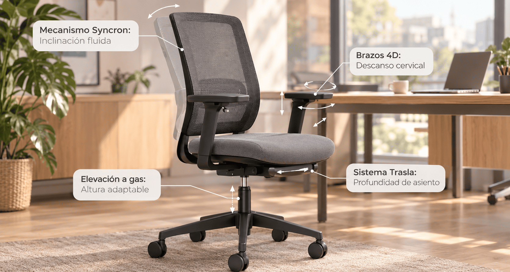 Silla ergonómica de oficina con regulación de altura, brazos 4D, inclinación Syncron y asiento en profundidad